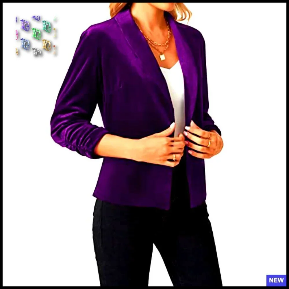 Velvet Blazer 3/4 Ruched Sleeve Shawl Lapel Open Front Chic Business Casual